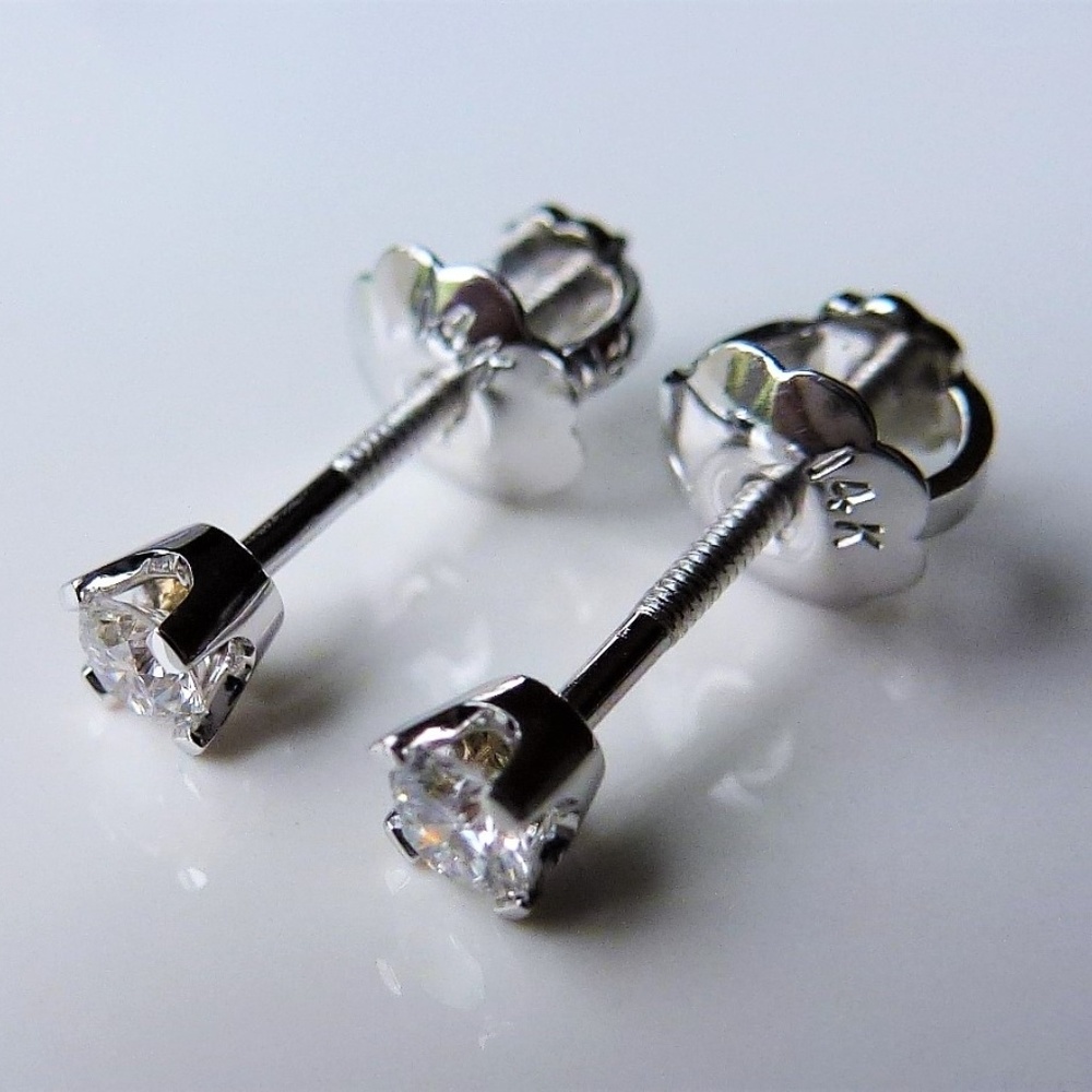 Tiny Genuine Diamond Earrings In Solid 14 K - Picture 4 of 7